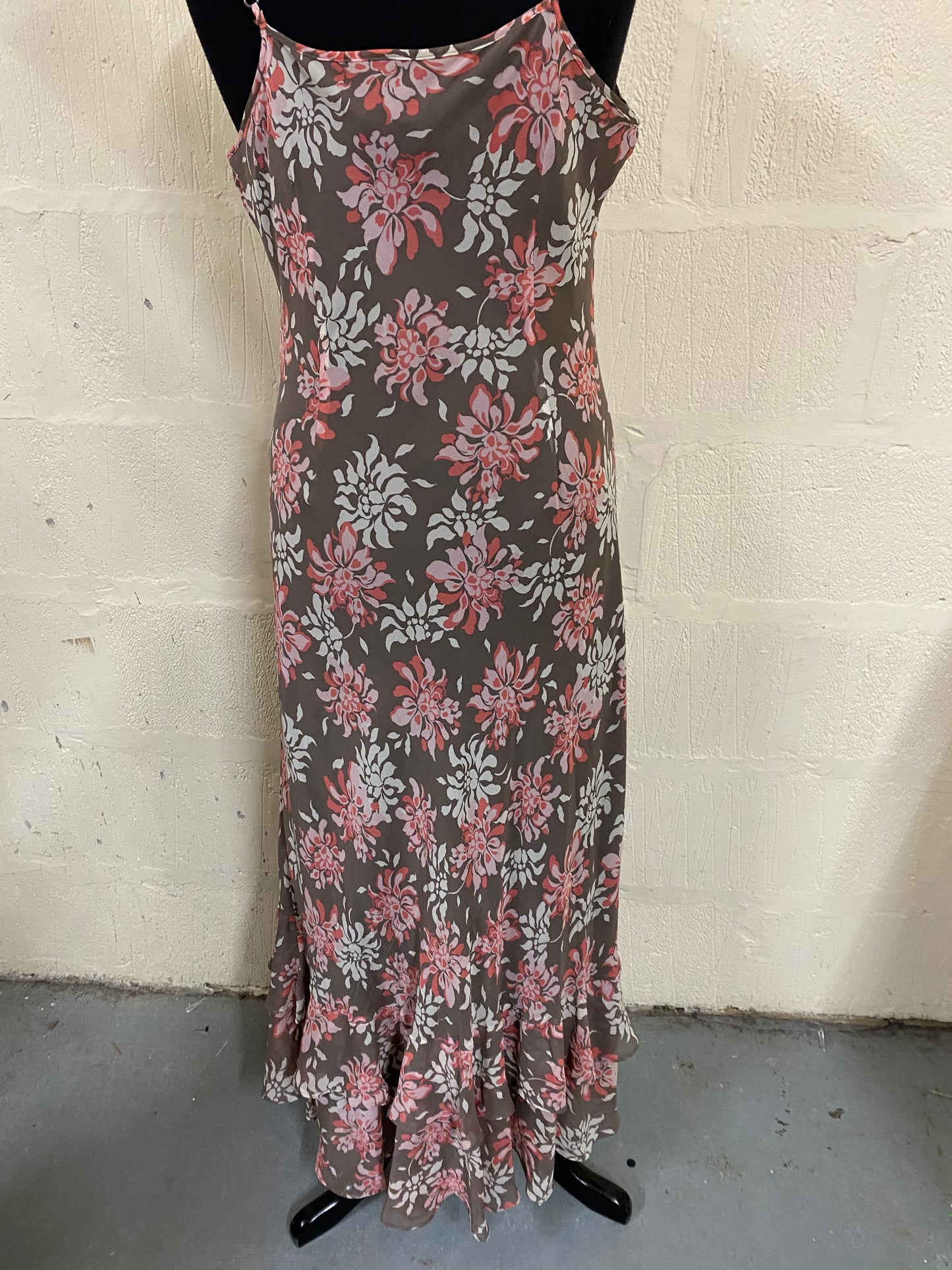 Silk Coffee Coloured Pink Florals with Sequin Strappy Maxi Dress Size 16