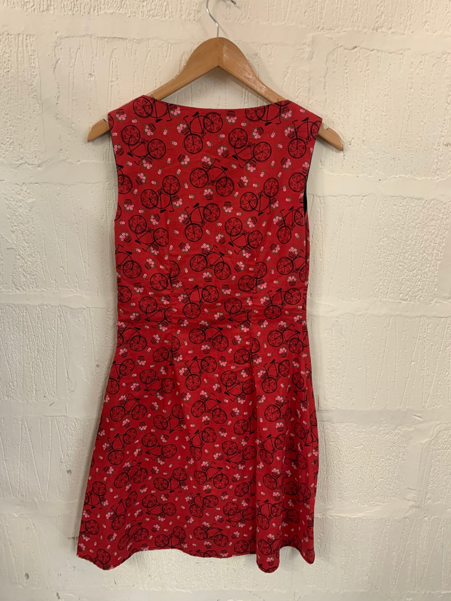 1950s Style Get Cutie Sleeveless Red Printed with Bicycle Dress  Size 12