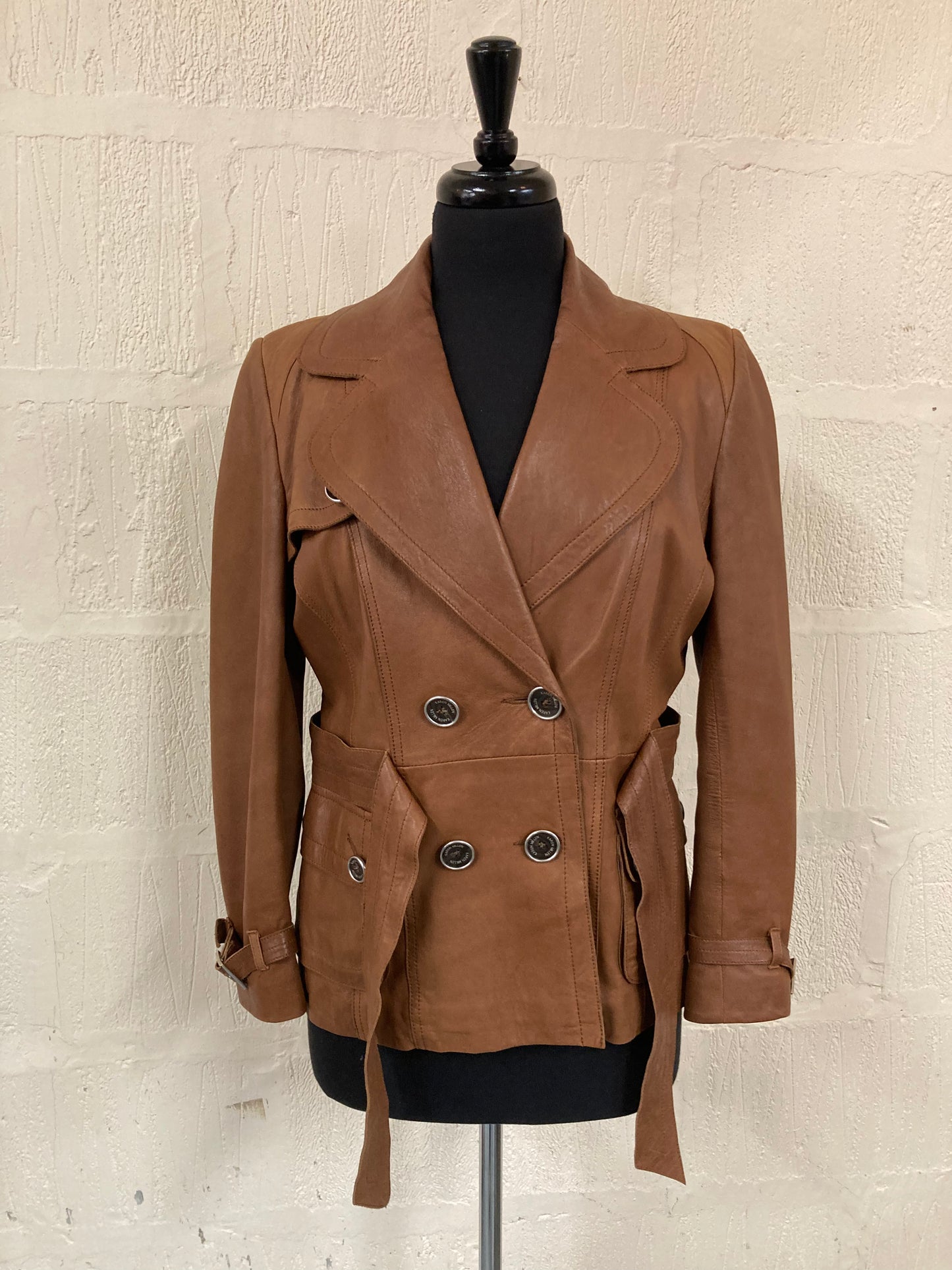 1970s style Karen Millen Tan Leather Double Breasted Belted Jacket Size 12