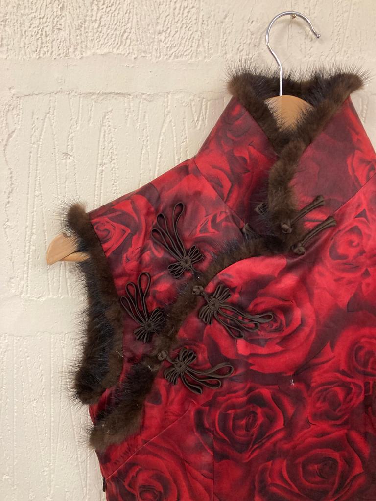Vintage Sleeveless Padded Chinese Style Red Rose Cheongsam Midi Dress Size S