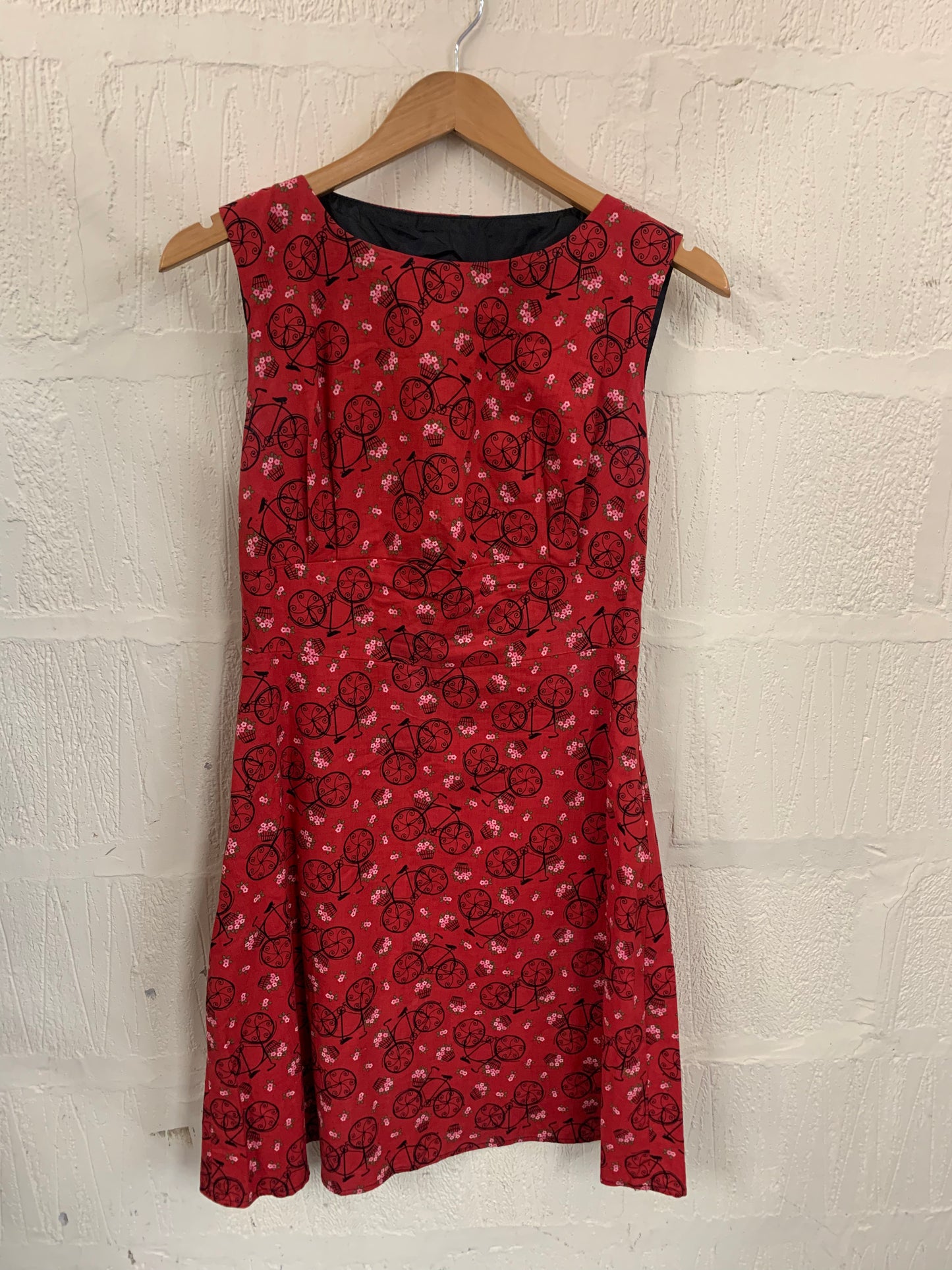 1950s Style Get Cutie Sleeveless Red Printed with Bicycle Dress  Size 12