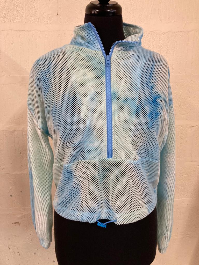 Y2K Blue and Green Tie Dye Mesh Top Size M