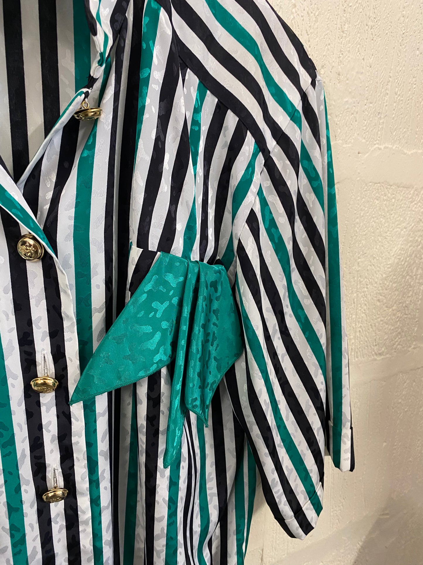 Vintage Fink 1980s Green and Black Striped Blouse Size 16