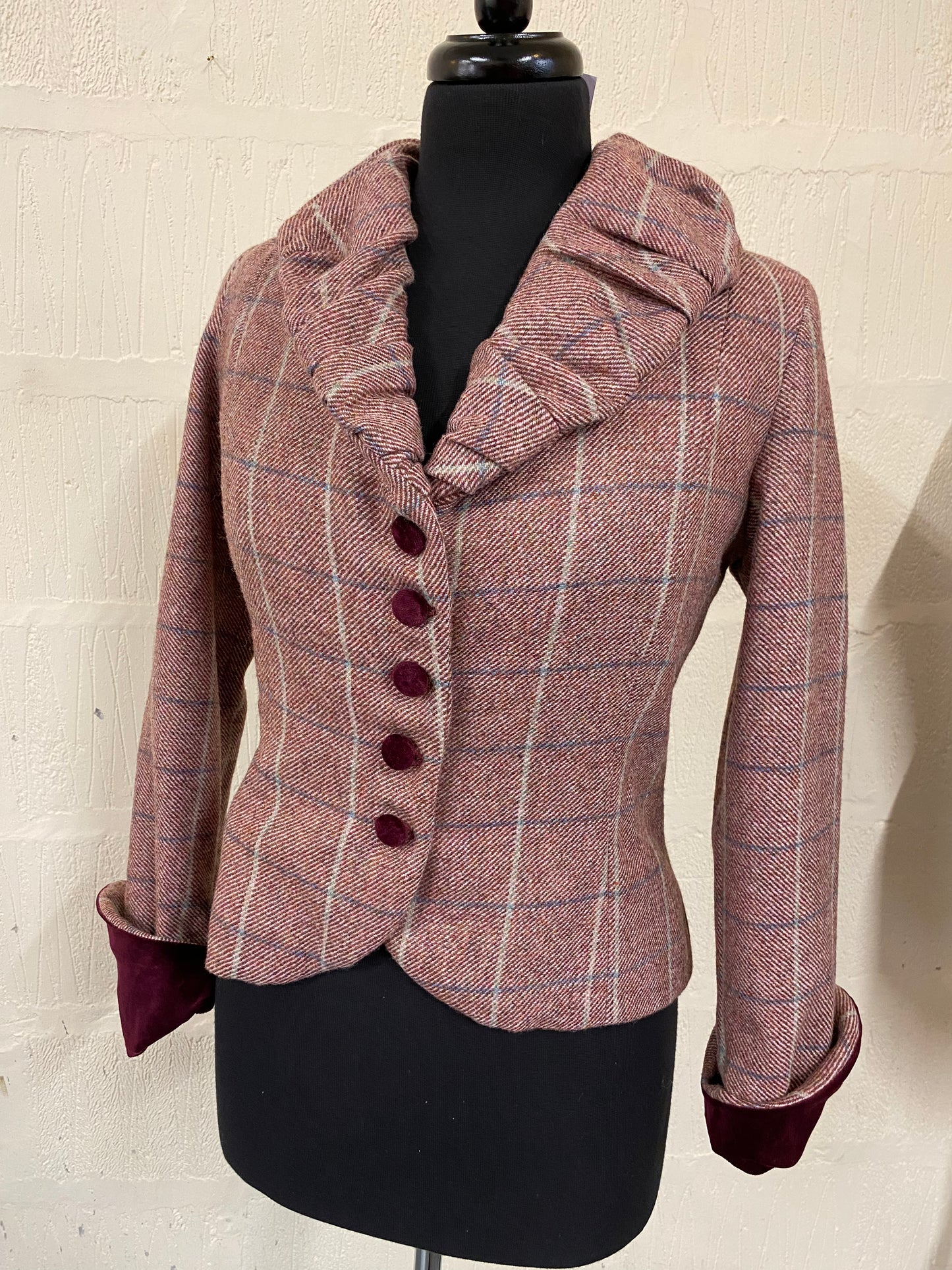 Vintage Soft Pink and Maroon Check Wool Jacket Size 8