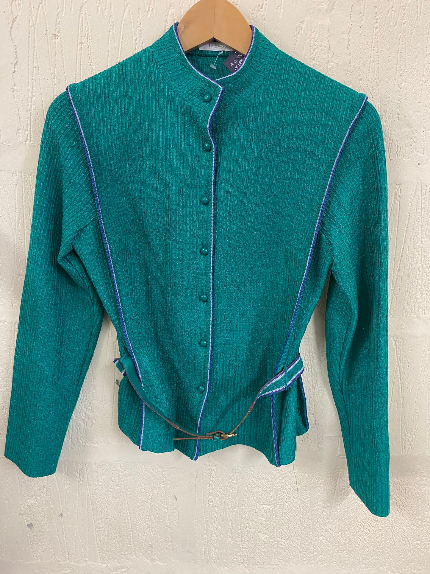 Vintage Geeky Sport Teal and Navy Cardigan with Belt Size 8