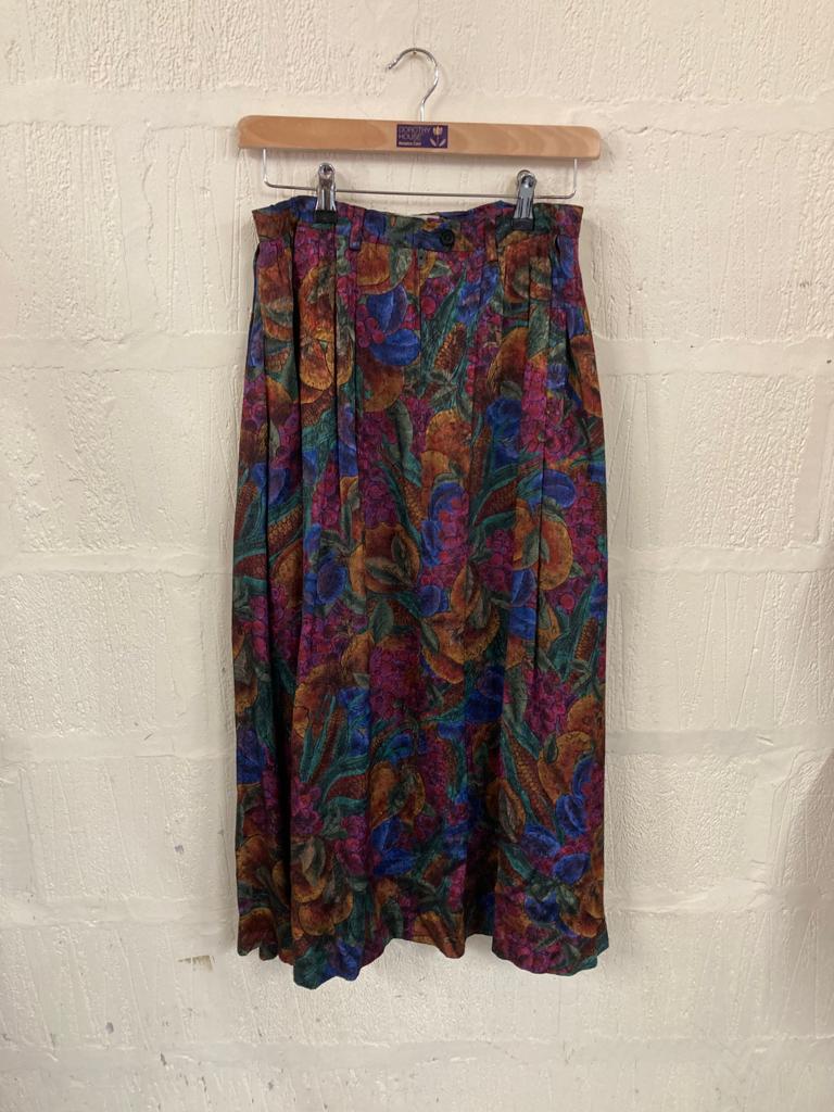 Vintage Green, Yellow and Navy Floral Pleated Maxi Skirt Size 10