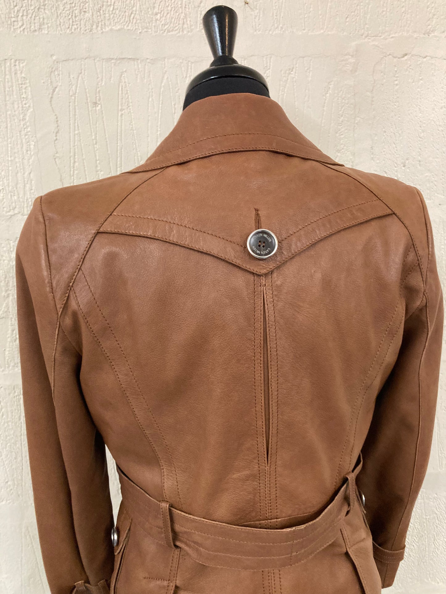 1970s style Karen Millen Tan Leather Double Breasted Belted Jacket Size 12