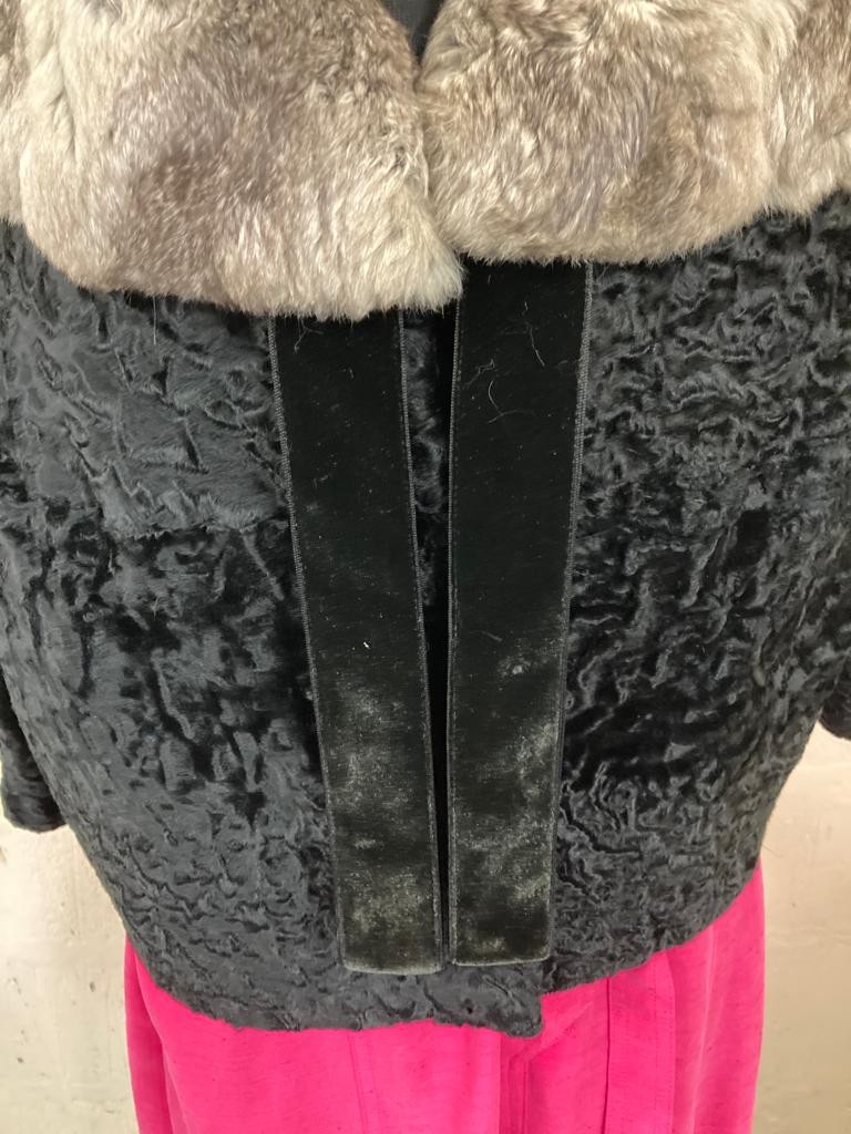Vintage Designer Black Astrakhan Fur Jacket with Rabbit Fur Collar Size M- L