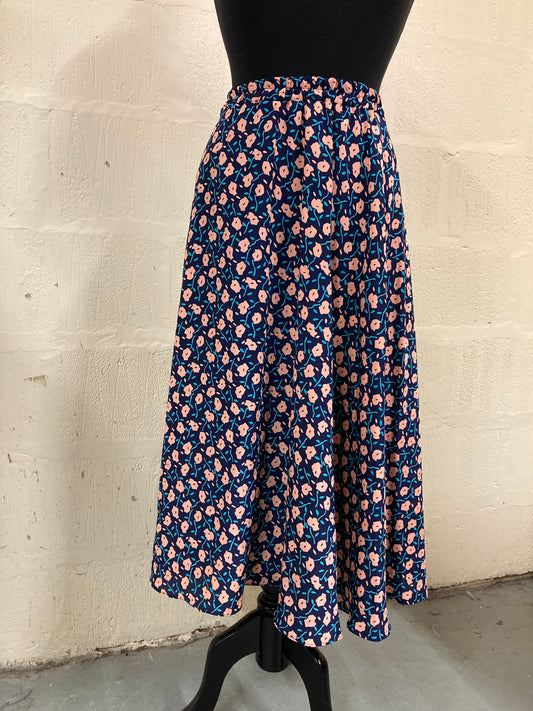 1980s Vintage Berkertex Navy with Pink and Turquoise Floral Skirt Size 16