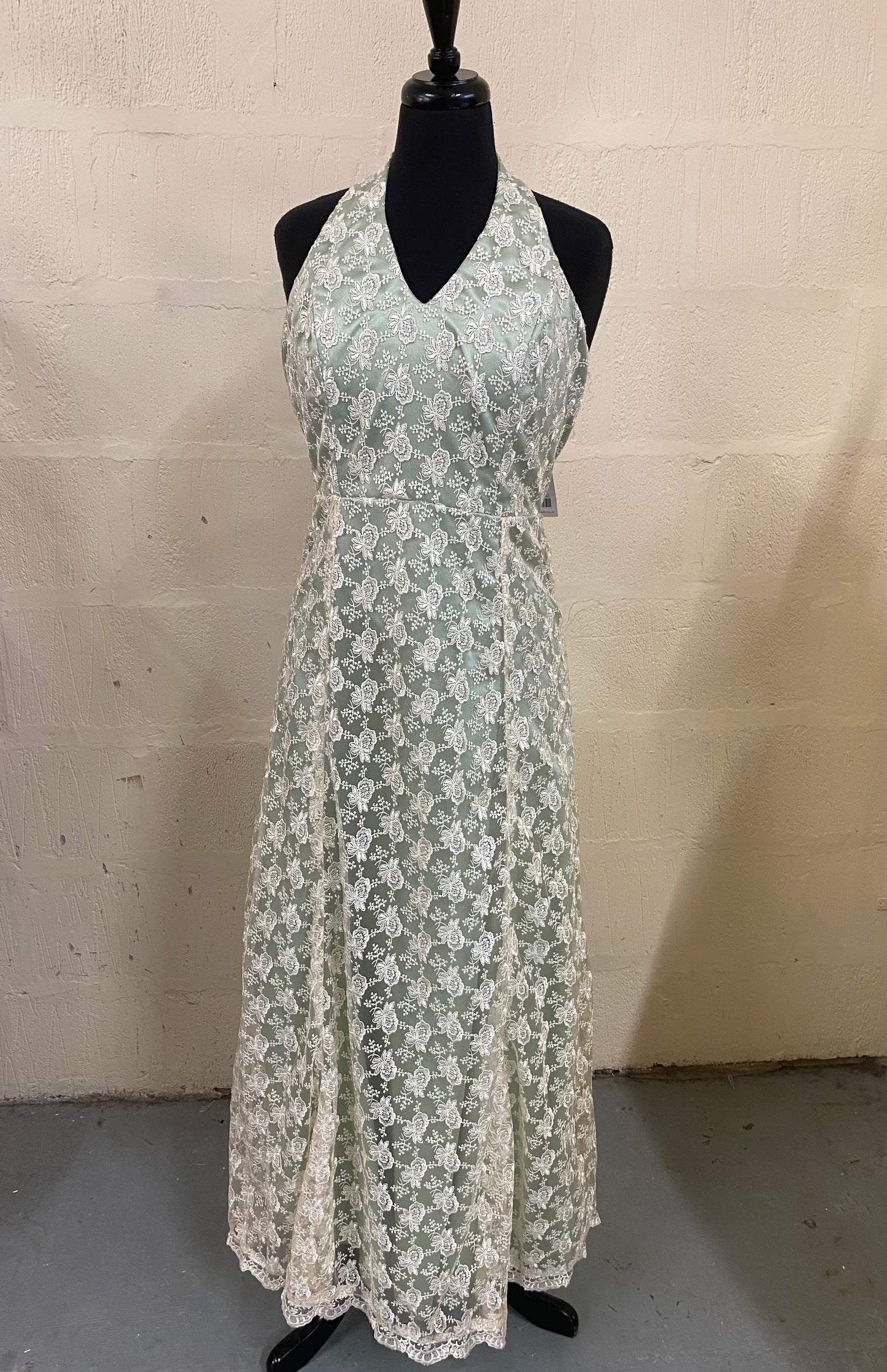 Vintage 1960s Hand Made White Lace on Green Halterneck Maxi Dress Size 8