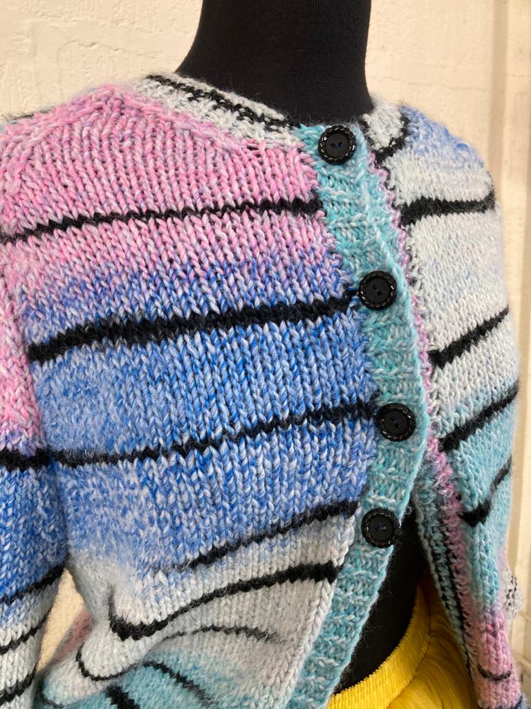 Hand Knit Blue and Pink Tones Stripe Cardigan   Size M-L
