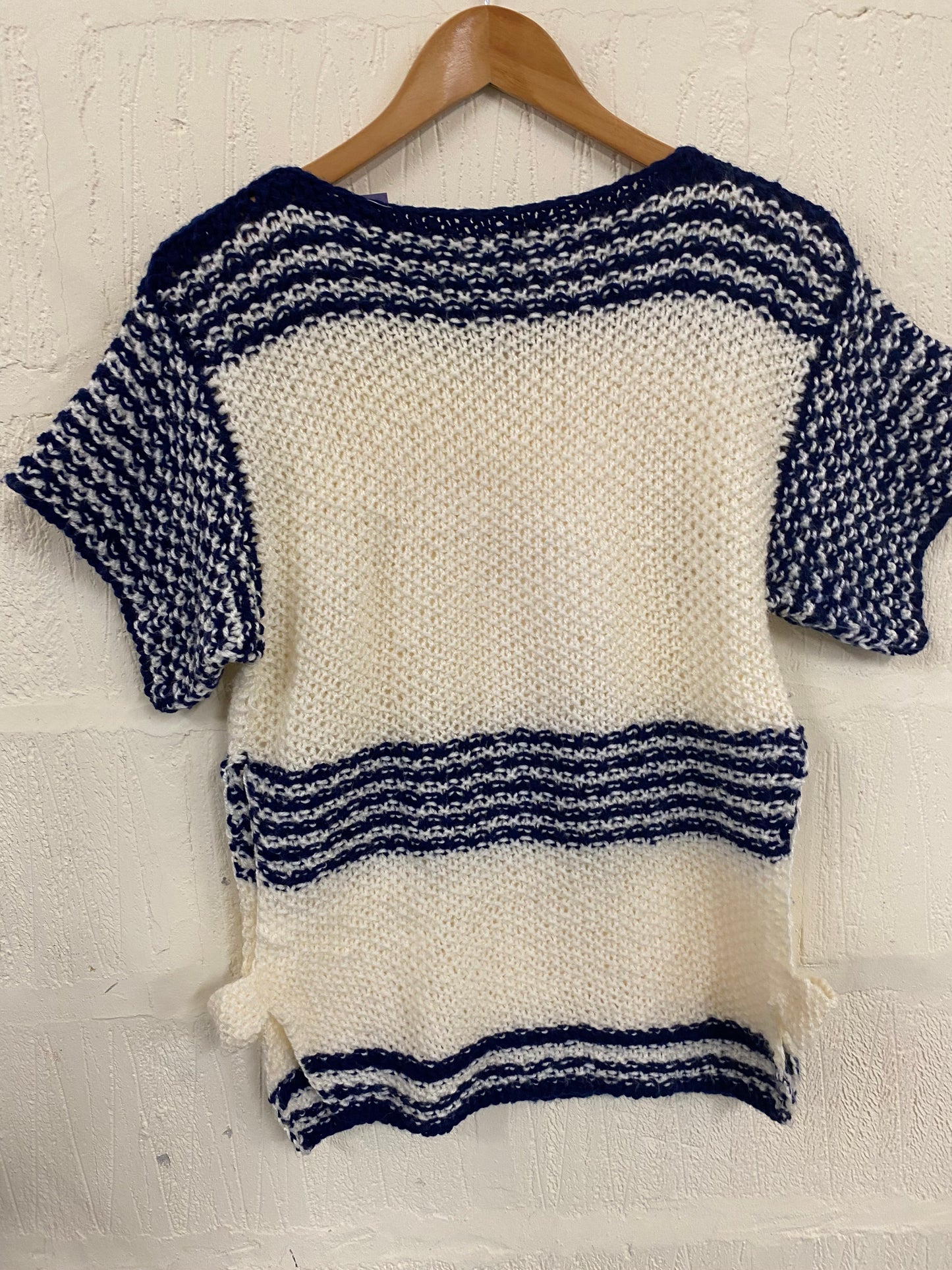 Hand Knitted Short Sleeve Navy  Striped Jumper  Size 12
