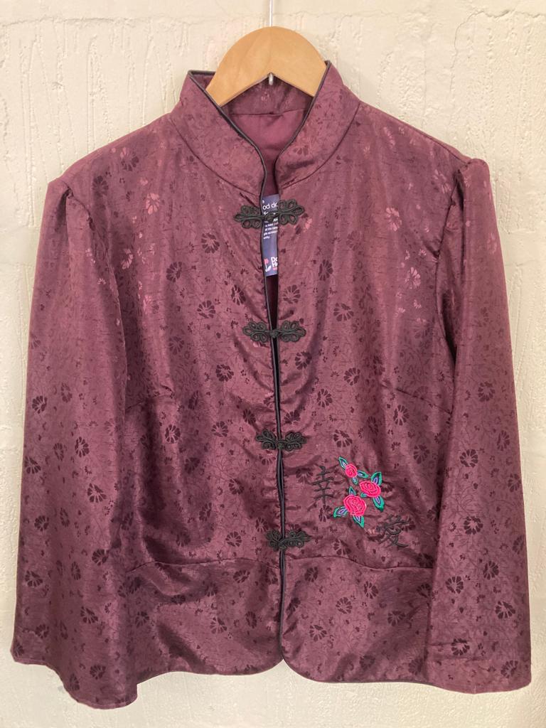 Vintage Burgundy Brocade Fabric Chinese Style Jacket Size 12-14