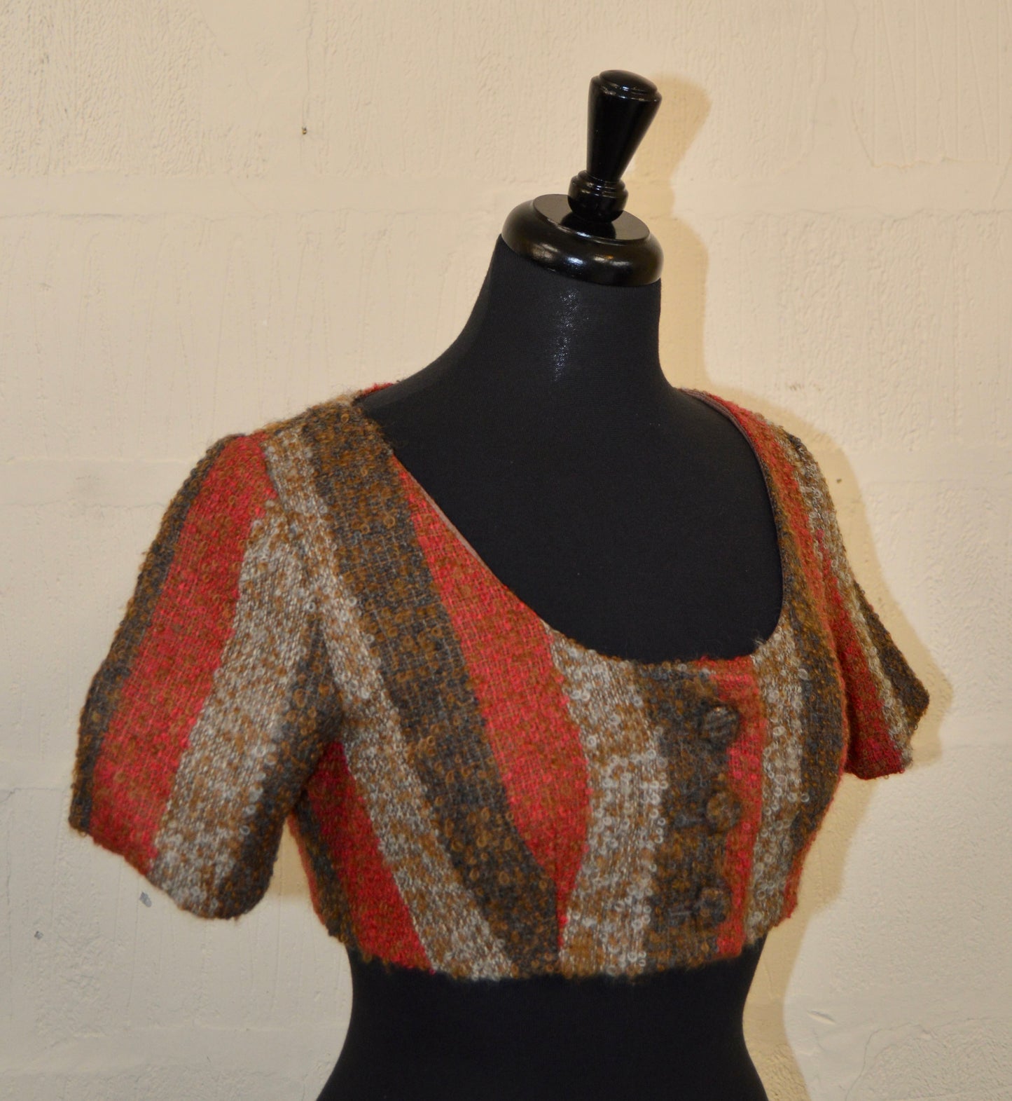 Vintage Boucle Brown and Red Cropped Striped Jacket Size 10