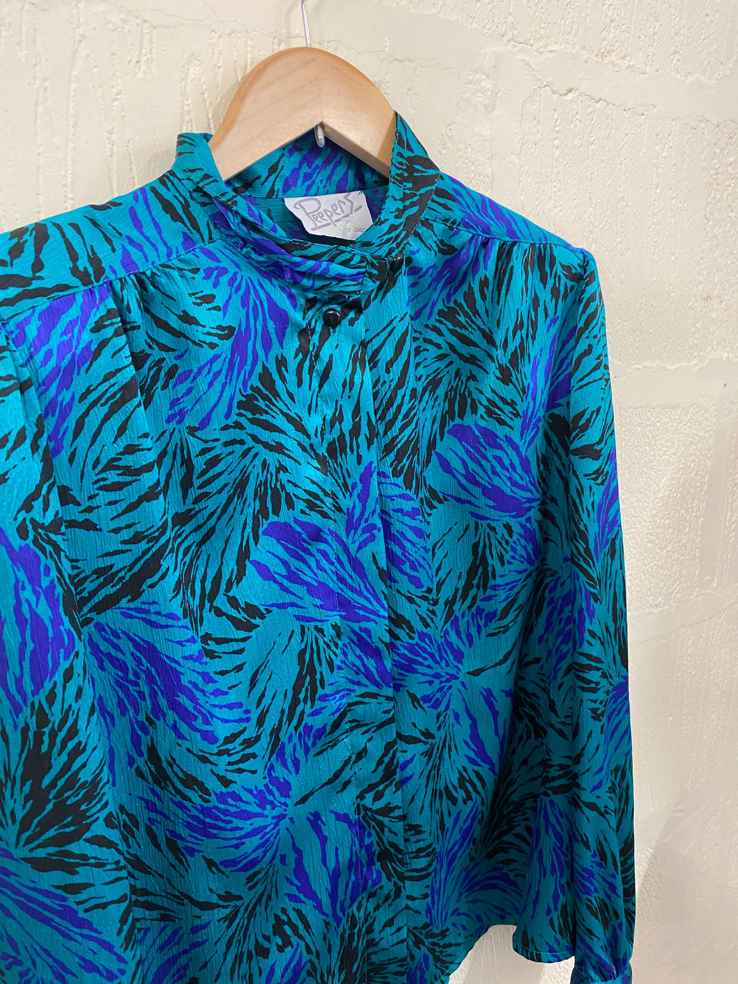 Vintage Teal and Blue 1980s Abstract Blouse Size 16