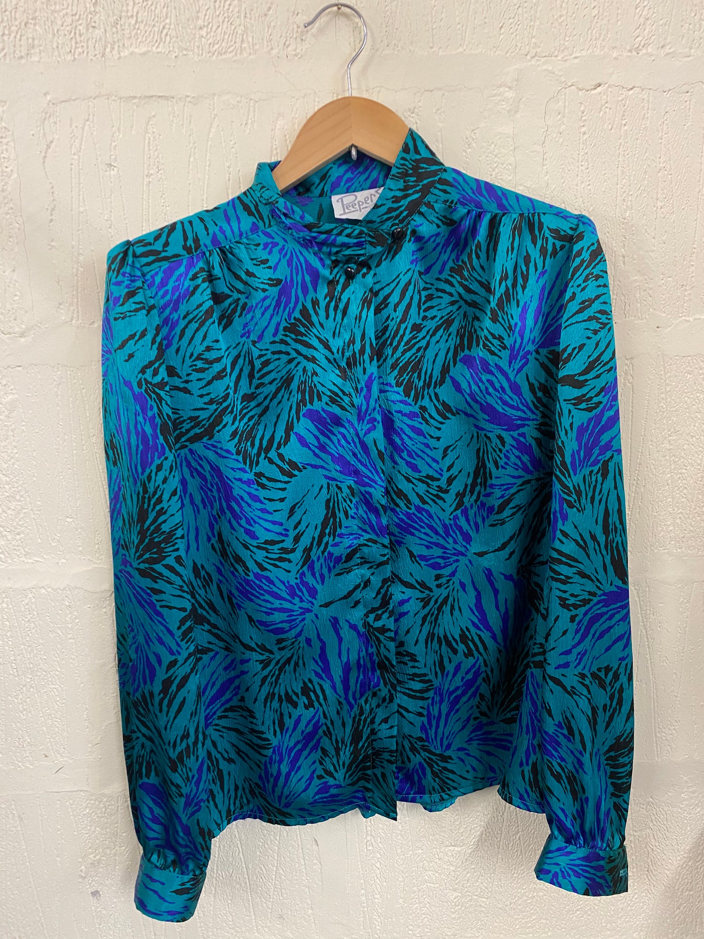 Vintage Teal and Blue 1980s Abstract Blouse Size 16