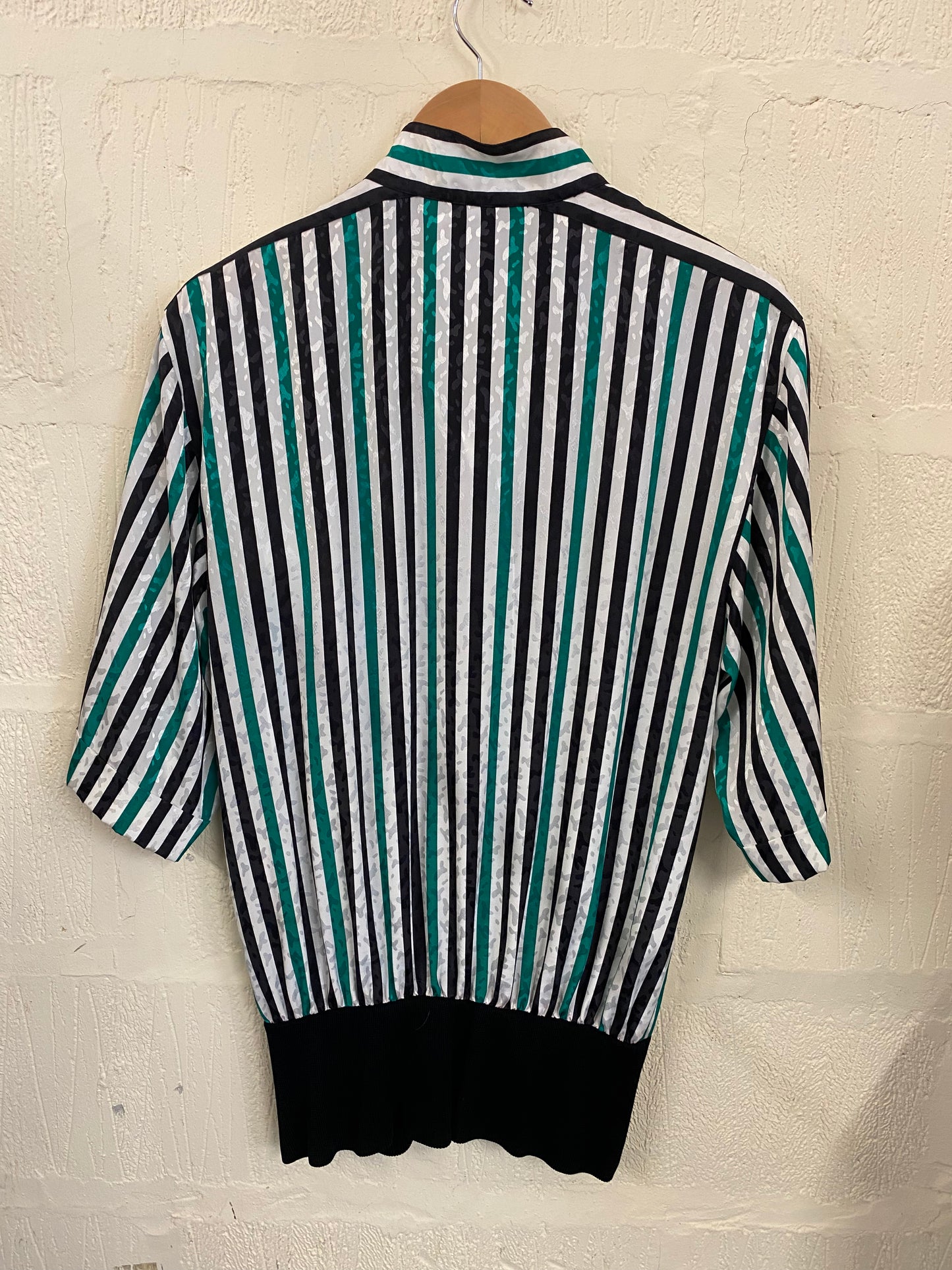 Vintage Fink 1980s Green and Black Striped Blouse Size 16
