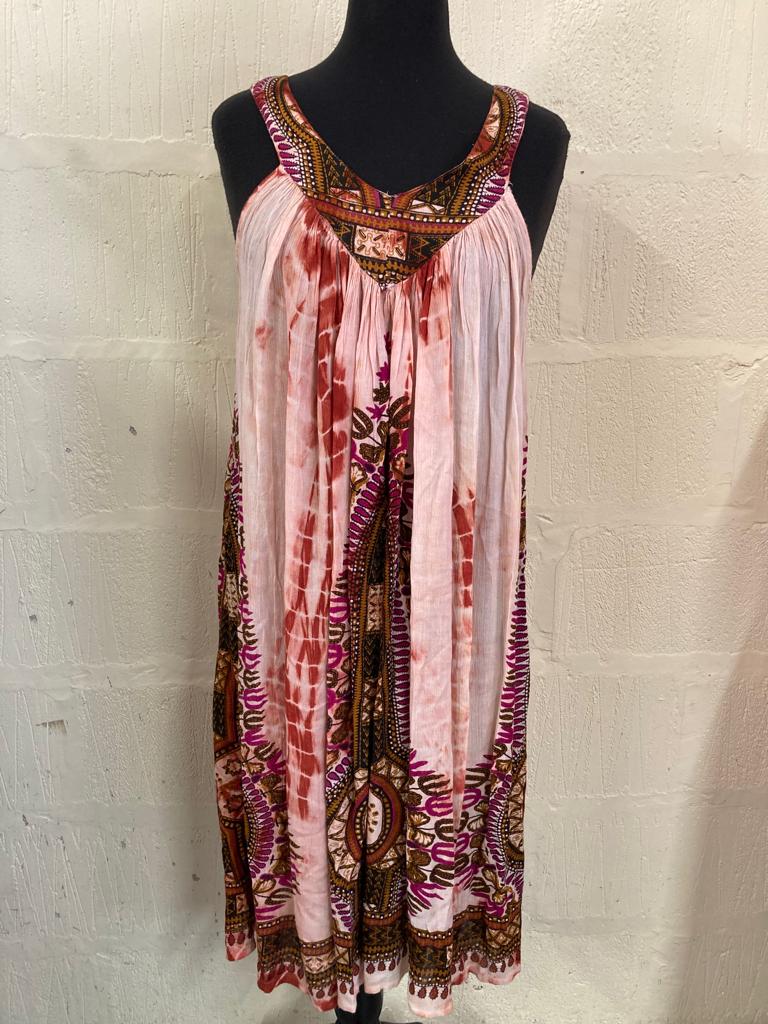 1990s Peach Tie Dye and Patterned Sun Dress Size 10-12