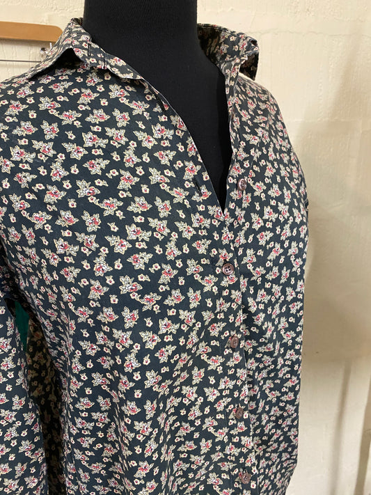 Vintage Charcoal and Red and White Floral Liberty Print Shirt Size 14