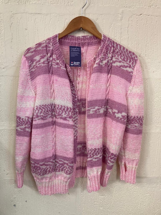 Pink, White and Mauve Hand Knitted Cardigan Size M