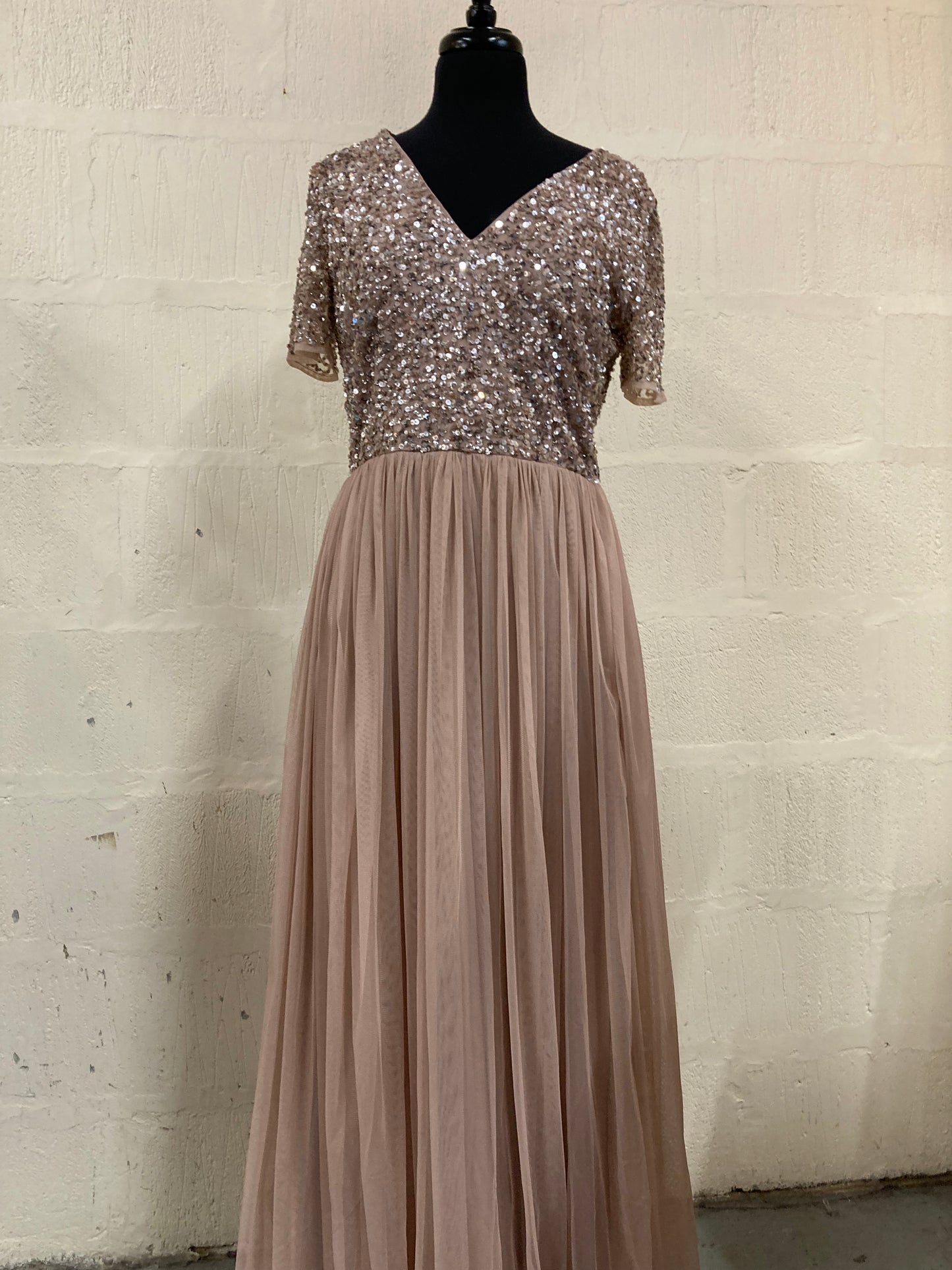 Rose Gold Sequin and Net Evening Gown Size 14