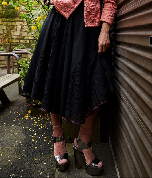 Vintage Swingy Black Lace Panelled Skirt Size 12