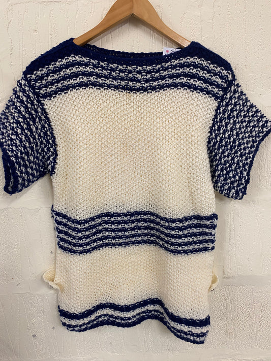 Hand Knitted Short Sleeve Navy  Striped Jumper  Size 12