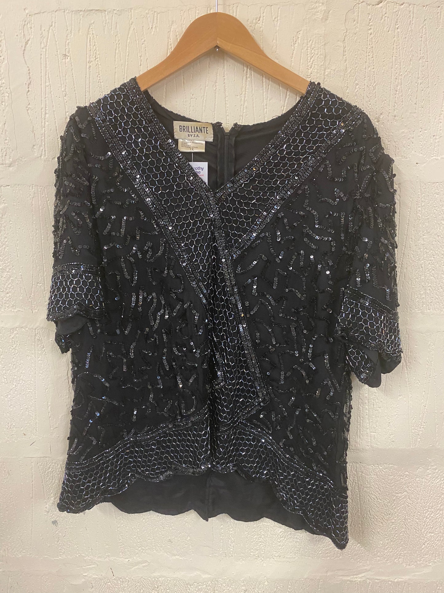 Vintage Silk and Sequin Beaded Black Top Size 12-14