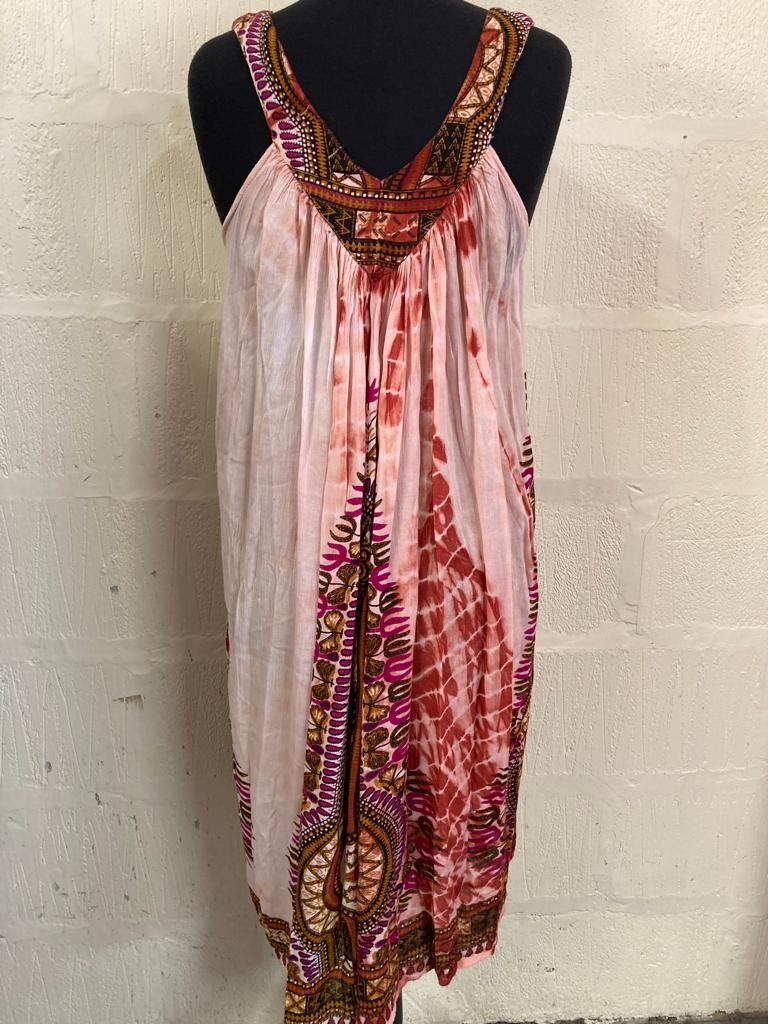 1990s Peach Tie Dye and Patterned Sun Dress Size 10-12