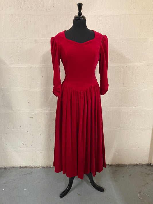 Vintage 1980s Red Velvet Laura Ashley Dress Size 14