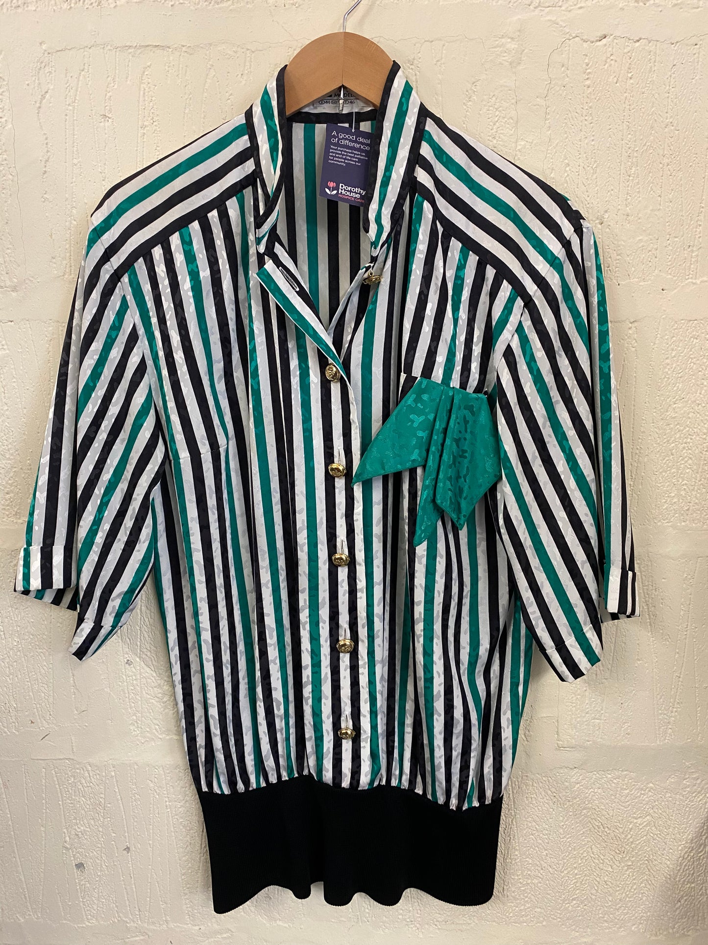 Vintage Fink 1980s Green and Black Striped Blouse Size 16
