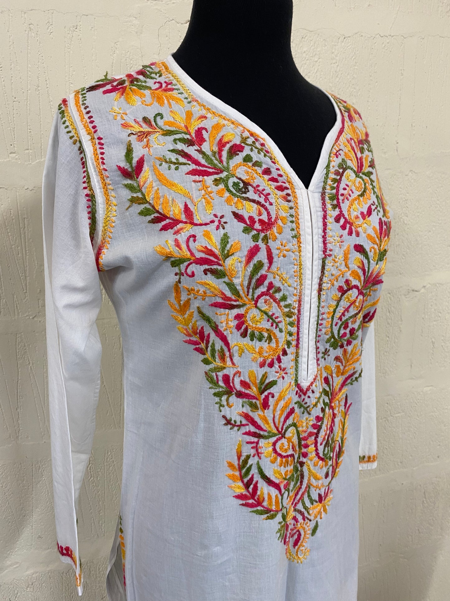 Vintage White Embroidered Kaftan Maxi Dress Size 14