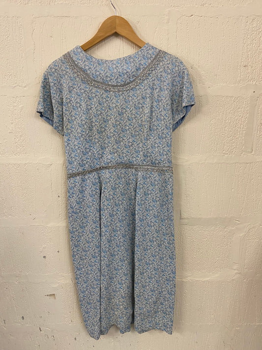 Vintage Hand Made Duck Egg Blue and Silver Shimmer Fabric Dress Size 8-10