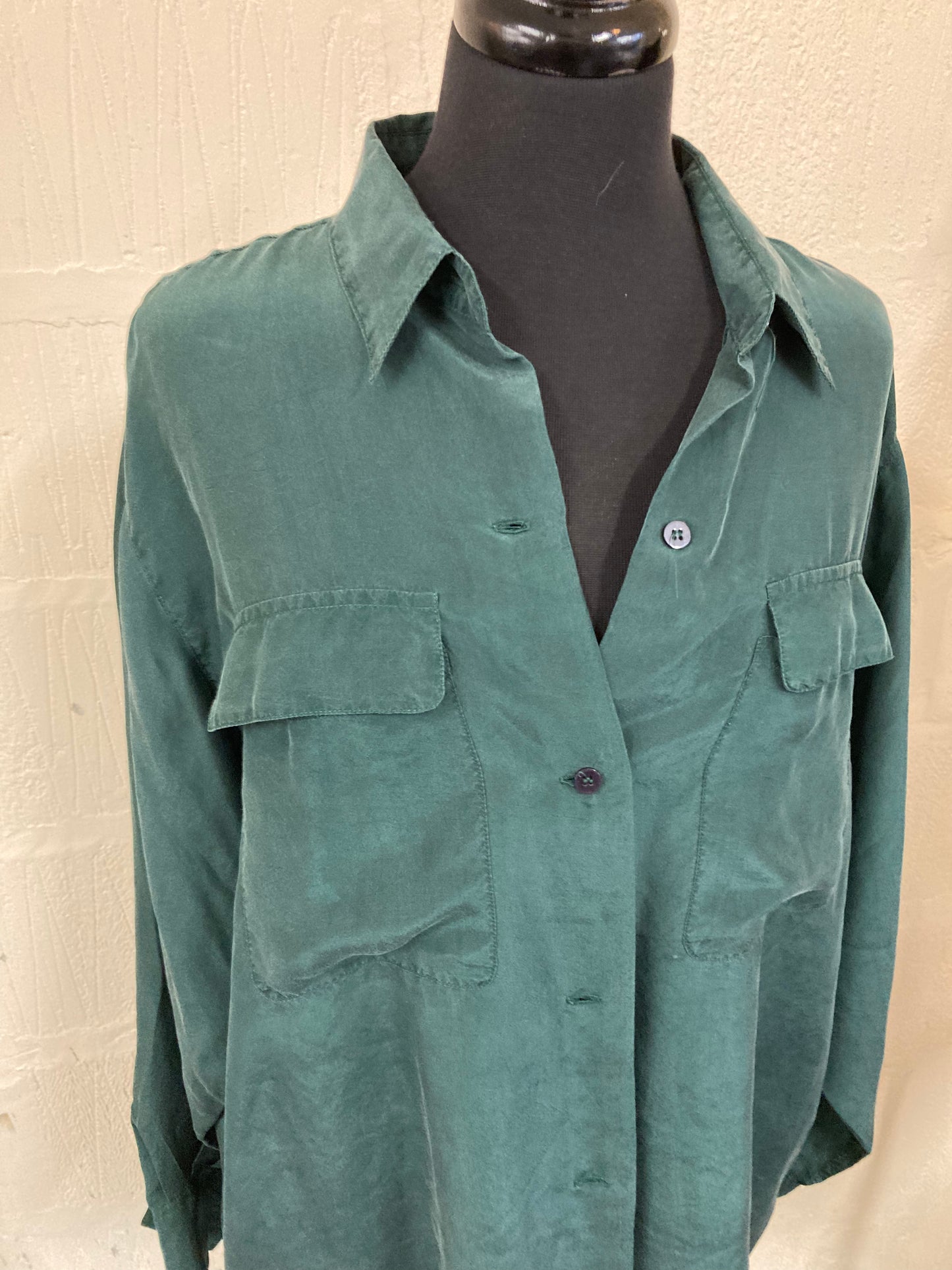 1990s New Look Oversize Dark Green Silk Shirt size M/L