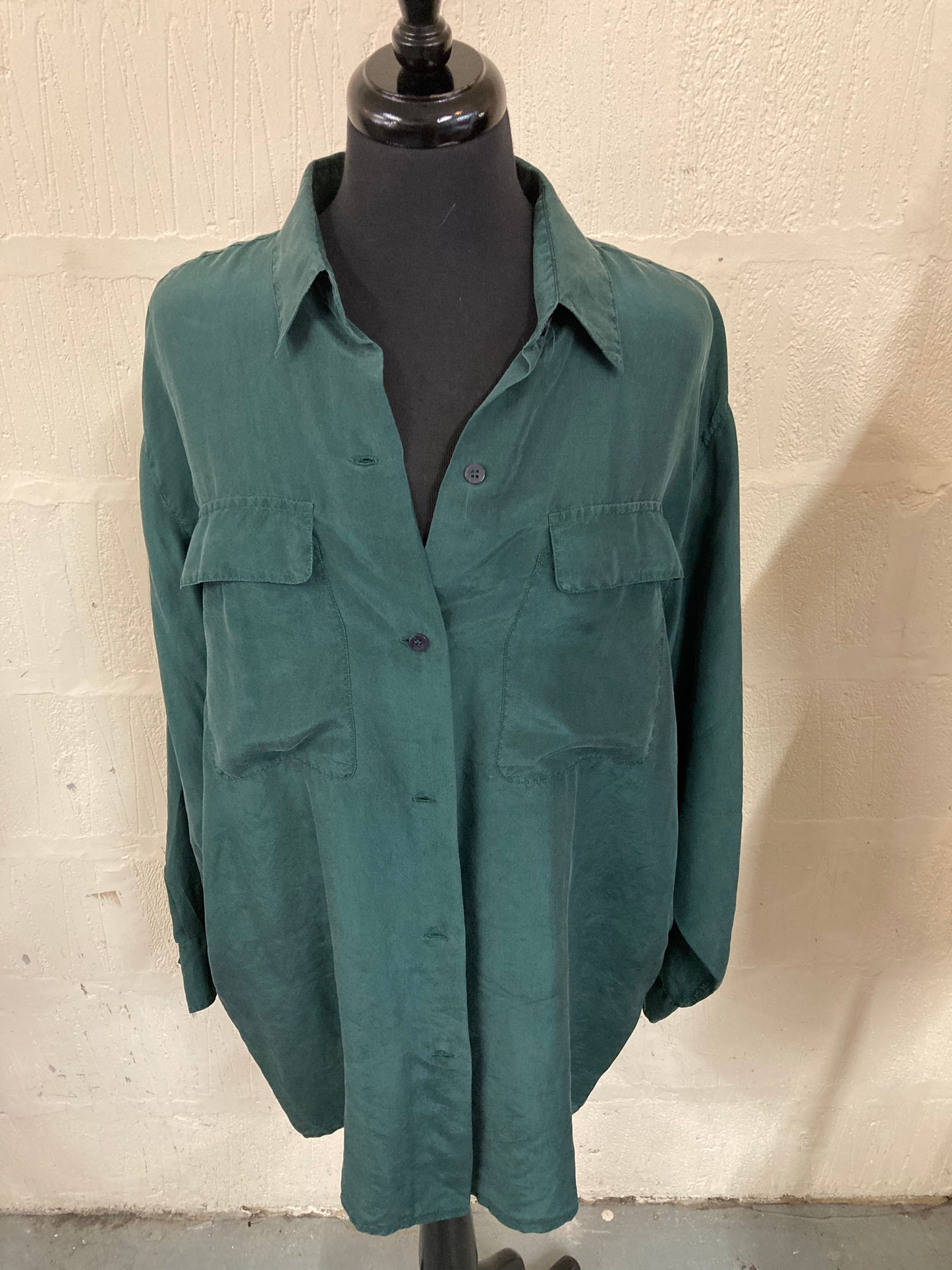 1990s New Look Oversize Dark Green Silk Shirt size M/L