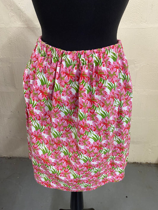 Hand Made  White with Pink and Green Lily patterned Skirt Size 12