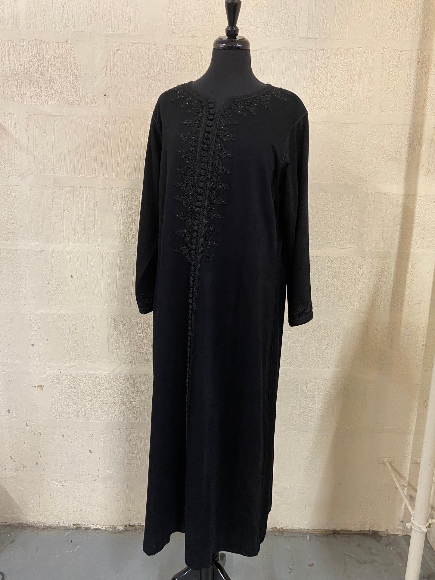 Vintage Black Djellaba Robe with embroidery and bead embellishment - one size