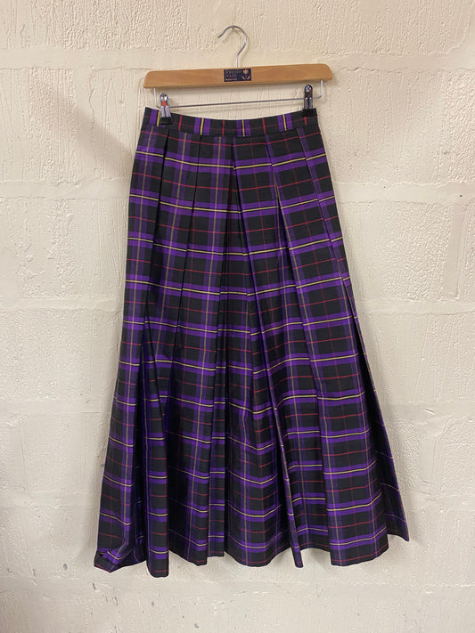 1950s Style Purple, Red and Gold Tartan  Alexon Silk Skirt Size 8