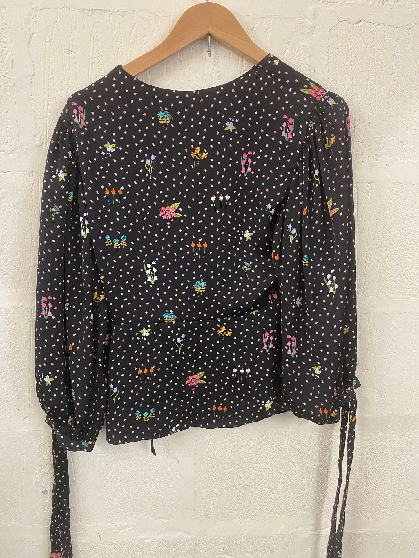 1970s Style Black and Multi Coloured Floral Design Cross Over Tie Top Size 12