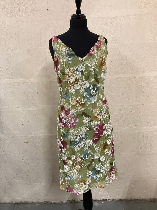 1990s Green with White Embellished Flower Shift Dress Size 14