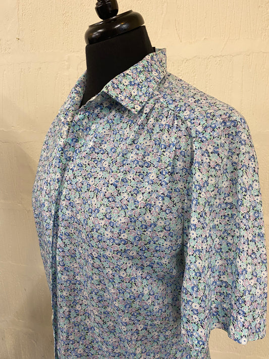 Vintage Made in England Ditsy Print Blue and White Blouse Size 12