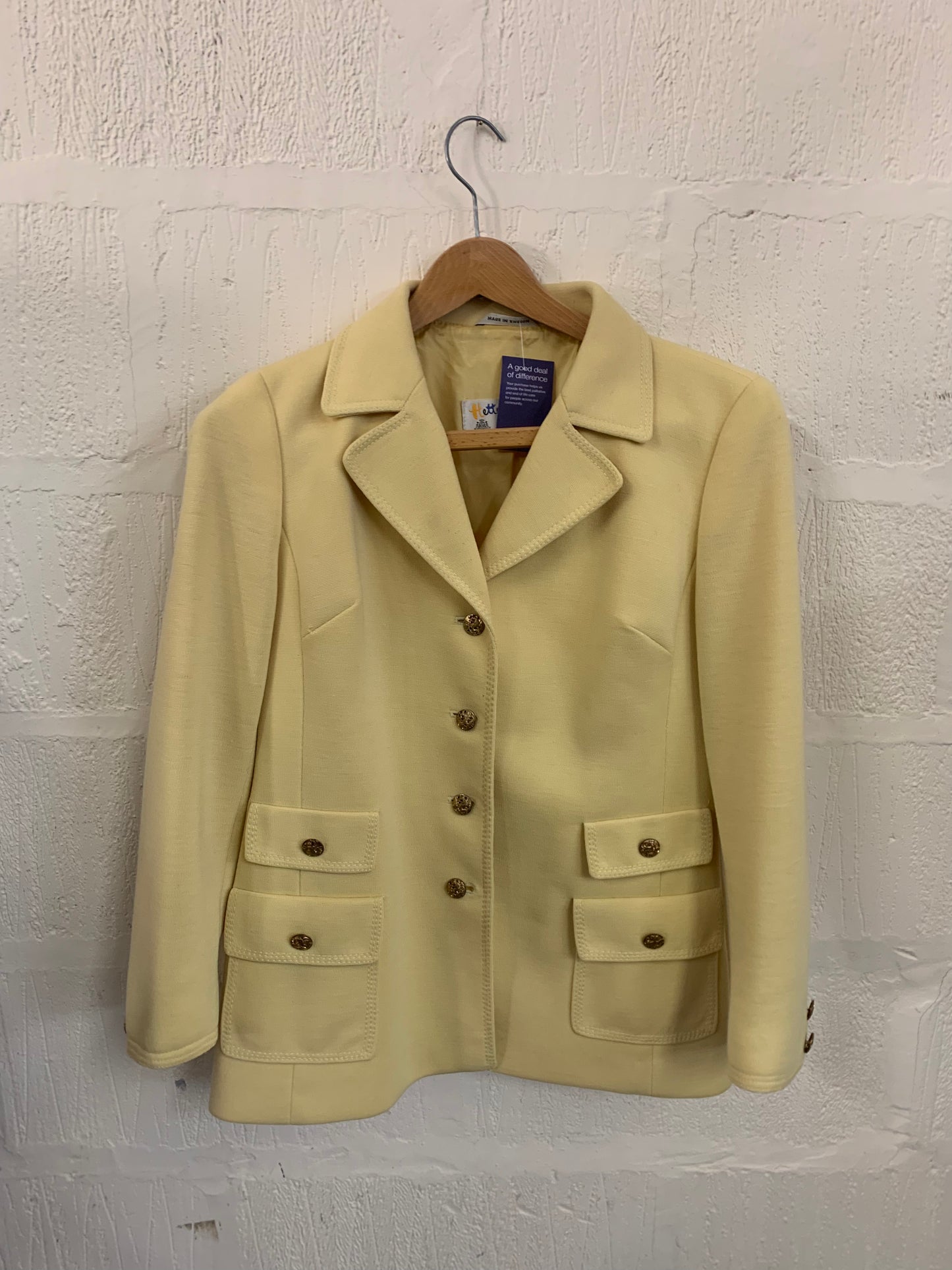 Vintage 1960s Style Hettemarks Pale Yellow Wool Jacket Size 12
