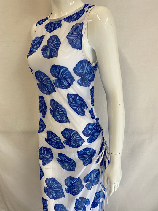 Sheer Blue & White Leafy Beach Cover Up Maxi Dress Size 8