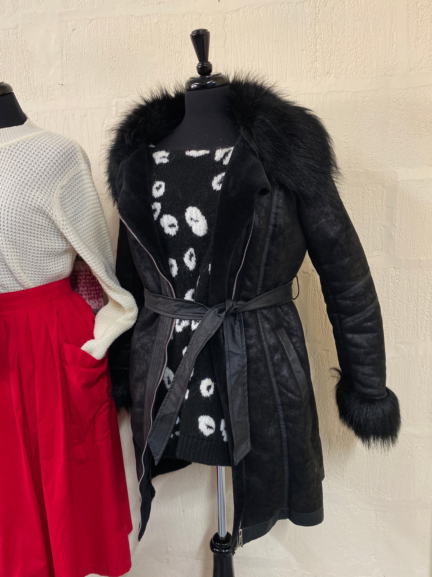 Black Faux Fur Lined Coat with Fur Details Size S