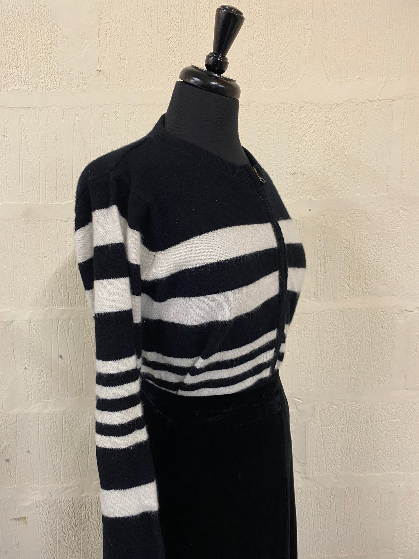 Monochrome Stripe Zip Front Lambswool Cardigan Size M