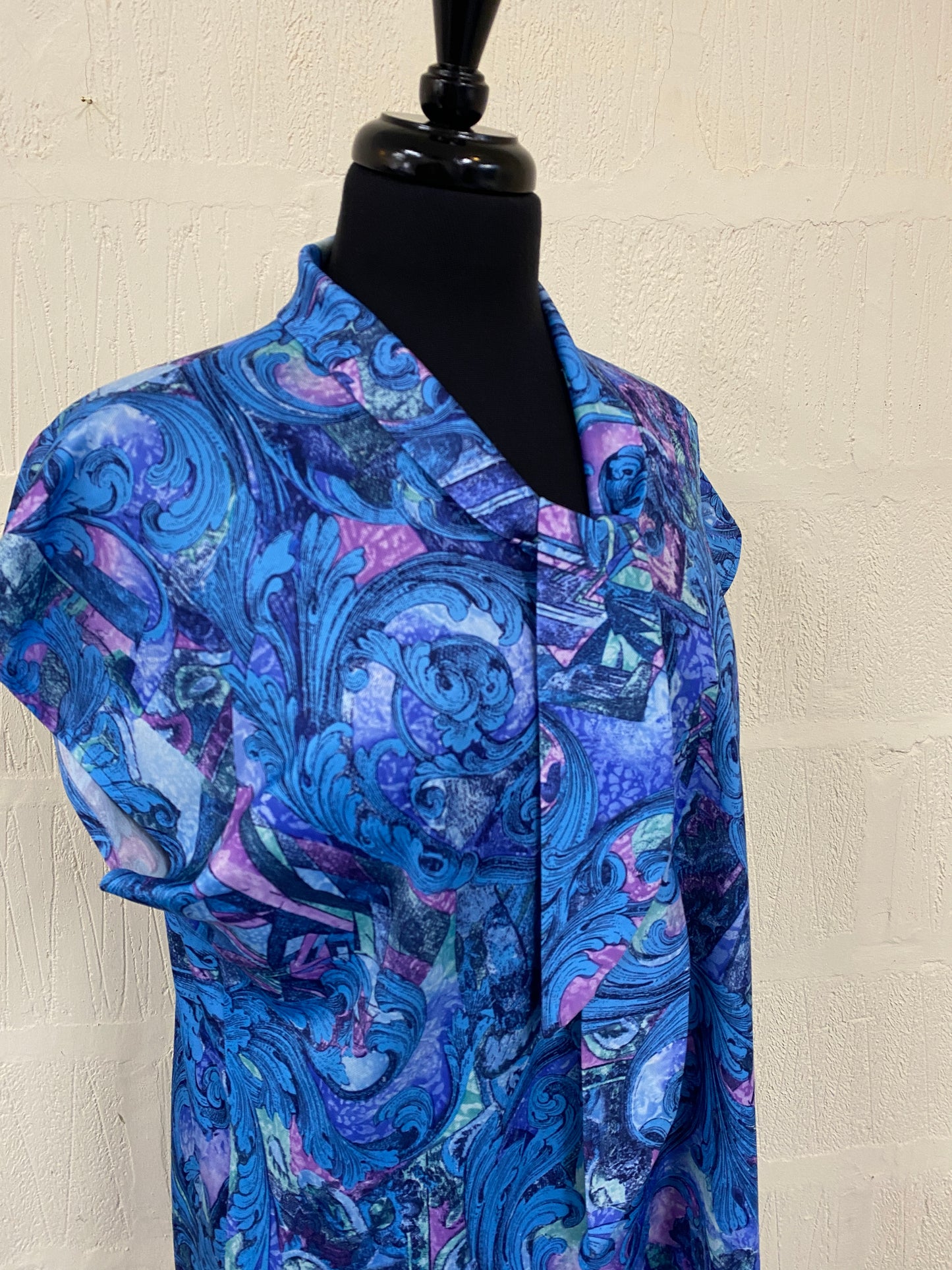 Vintage Blue Patterned Cap Sleeve Dress Size 16