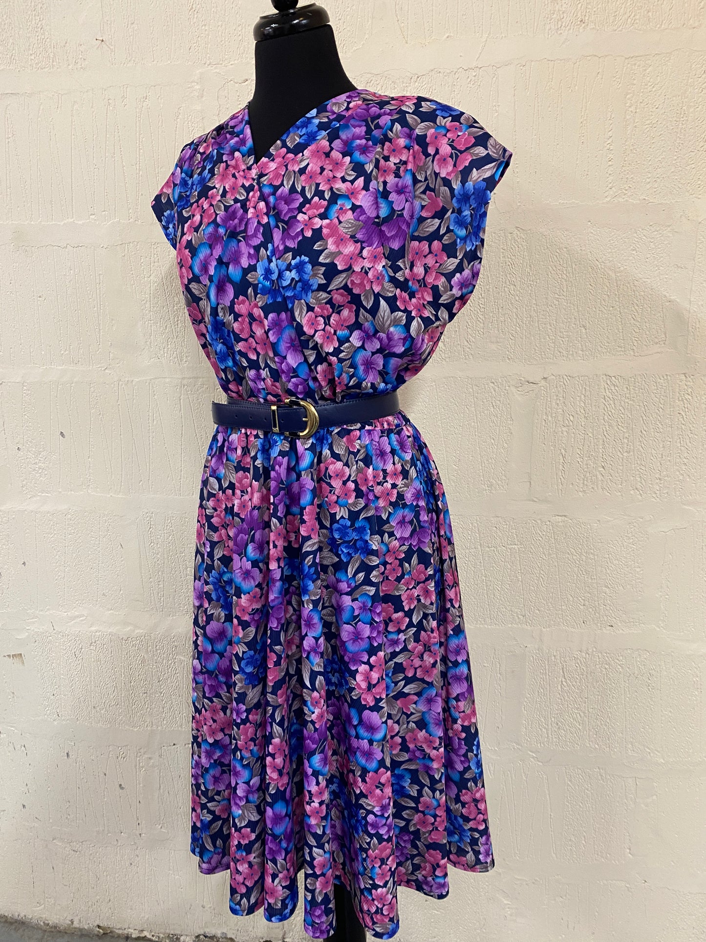 Vintage Handmade Blue & Pink Floral Dress Size 18-20