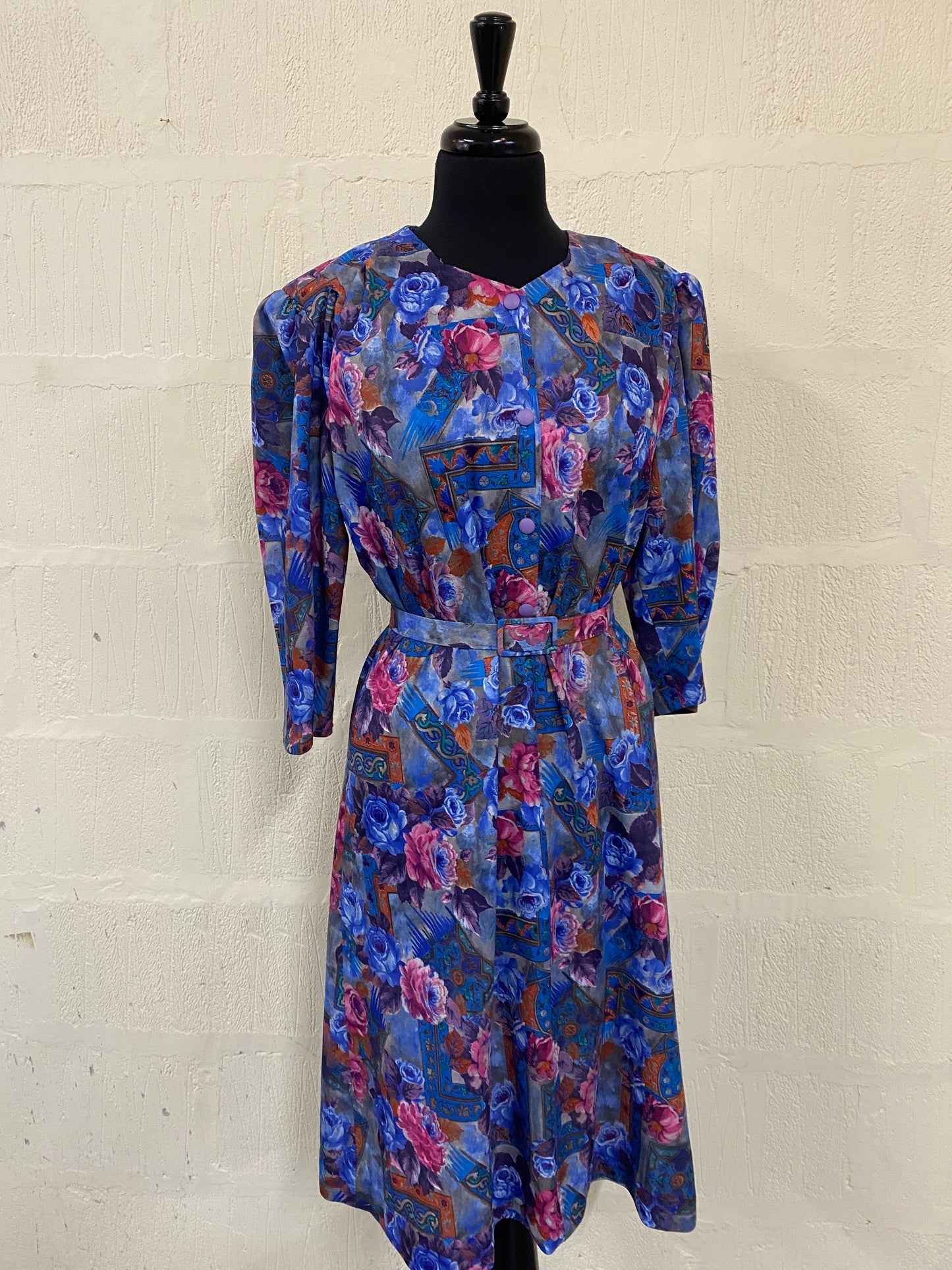 Vintage Blue Patterned 3/4 Sleeve Dress Size 18