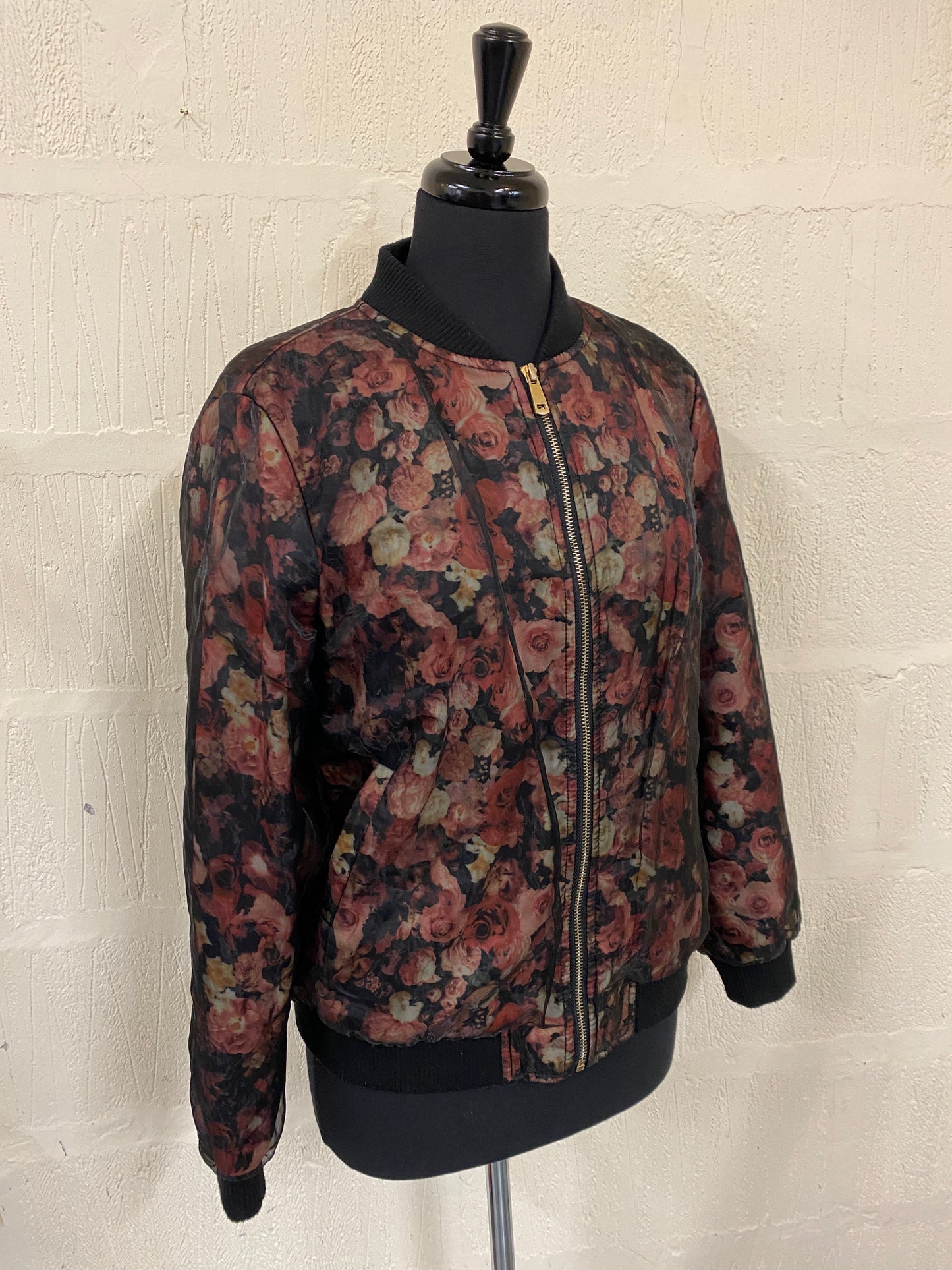 Floral Mesh Overlay Pink & Black Bomber Jacket Size M