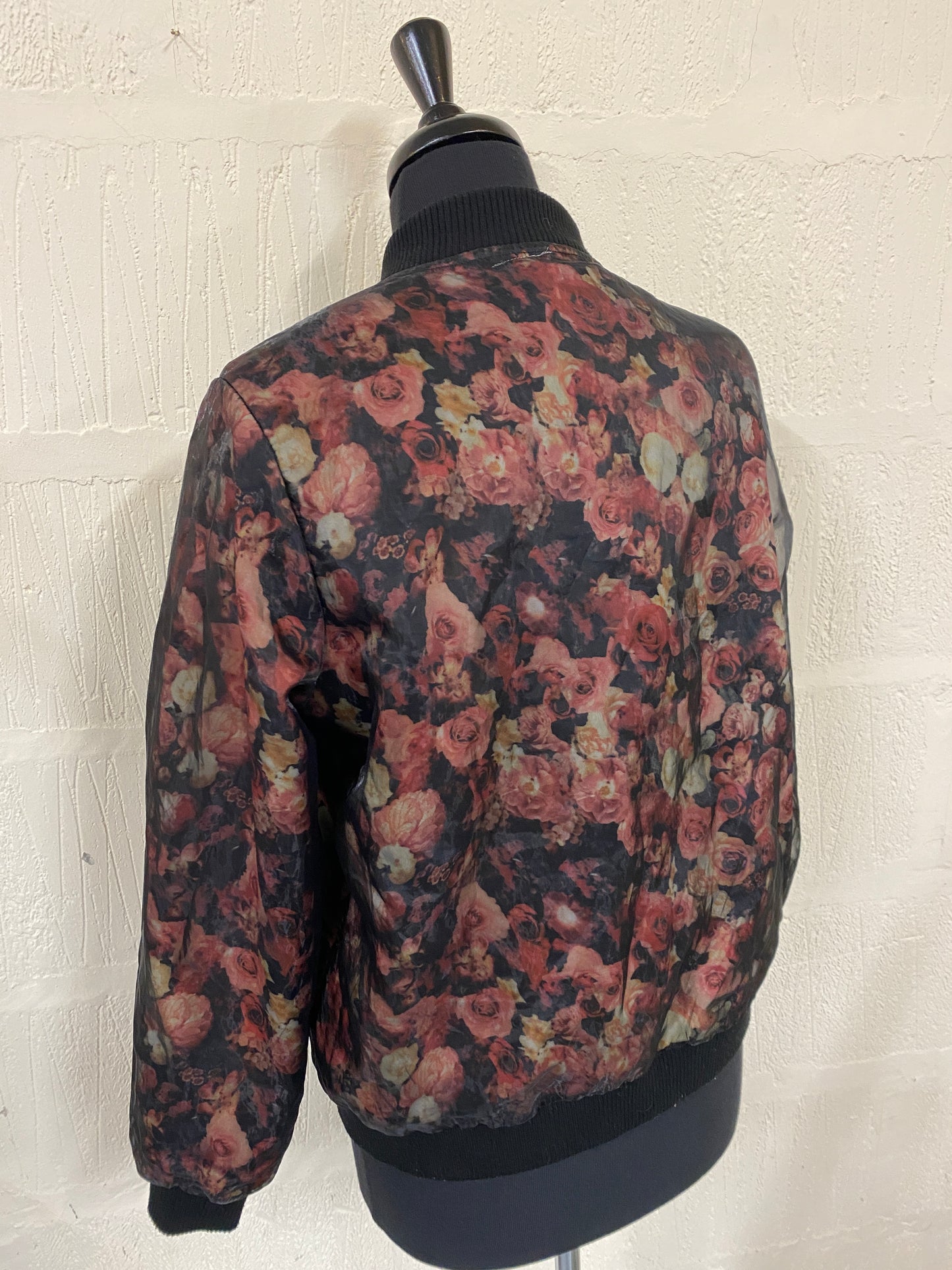 Floral Mesh Overlay Pink & Black Bomber Jacket Size M